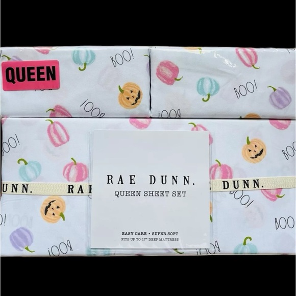 4pc Rae Dunn Halloween Multicolored Pumpkin Pastel QUEEN Bed Decor Sheet Set NEW - Picture 1 of 1